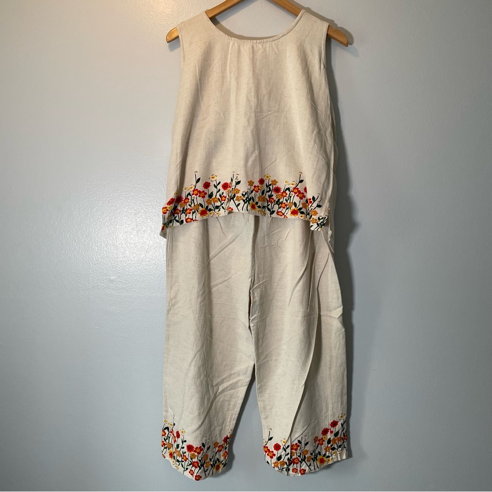 Take Two Clothing Co Floral & Cream Linen Blend Tank Top & Pants Set Vintage 90s